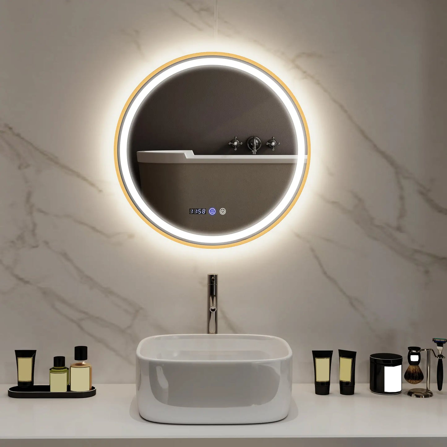 24" Round LED Bathroom Mirror, Anti-Fog, Time Temp Display, Gold Wall Mirrors at Gallery Canada