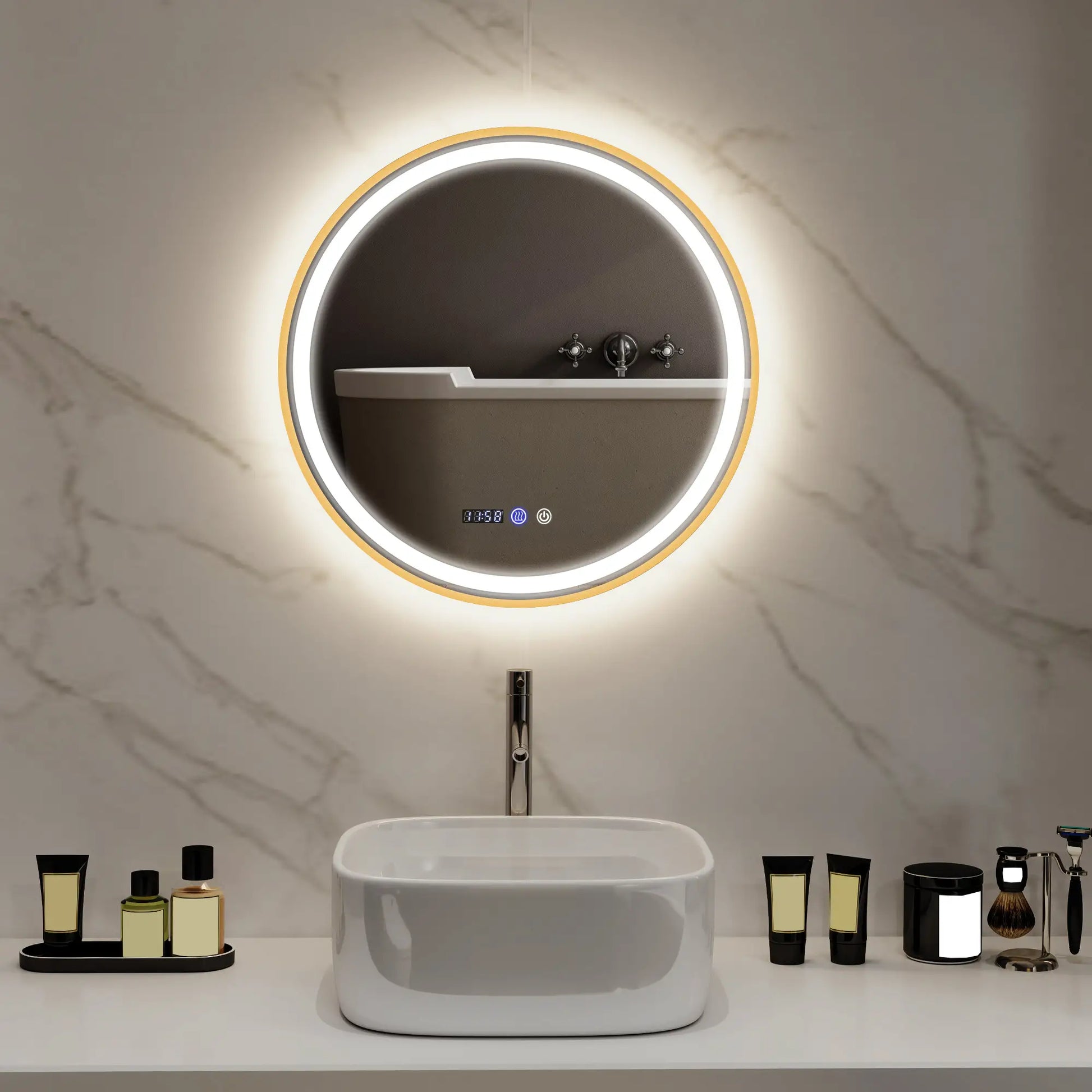 24" Round LED Bathroom Mirror, Anti-Fog, Time Temp Display, Gold Wall Mirrors at Gallery Canada