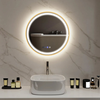 24" Round LED Bathroom Mirror, Anti-Fog, Time Temp Display, Gold Wall Mirrors at Gallery Canada