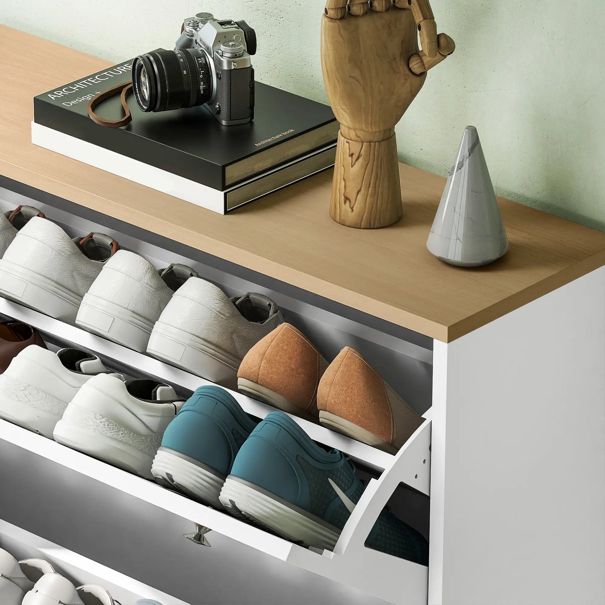 Narrow Shoe Cabinet, 4 Flip Drawers, Adjustable Shelves, Holds 24-32 Pairs, White Shoe Storage Cabinets & Racks at Gallery Canada