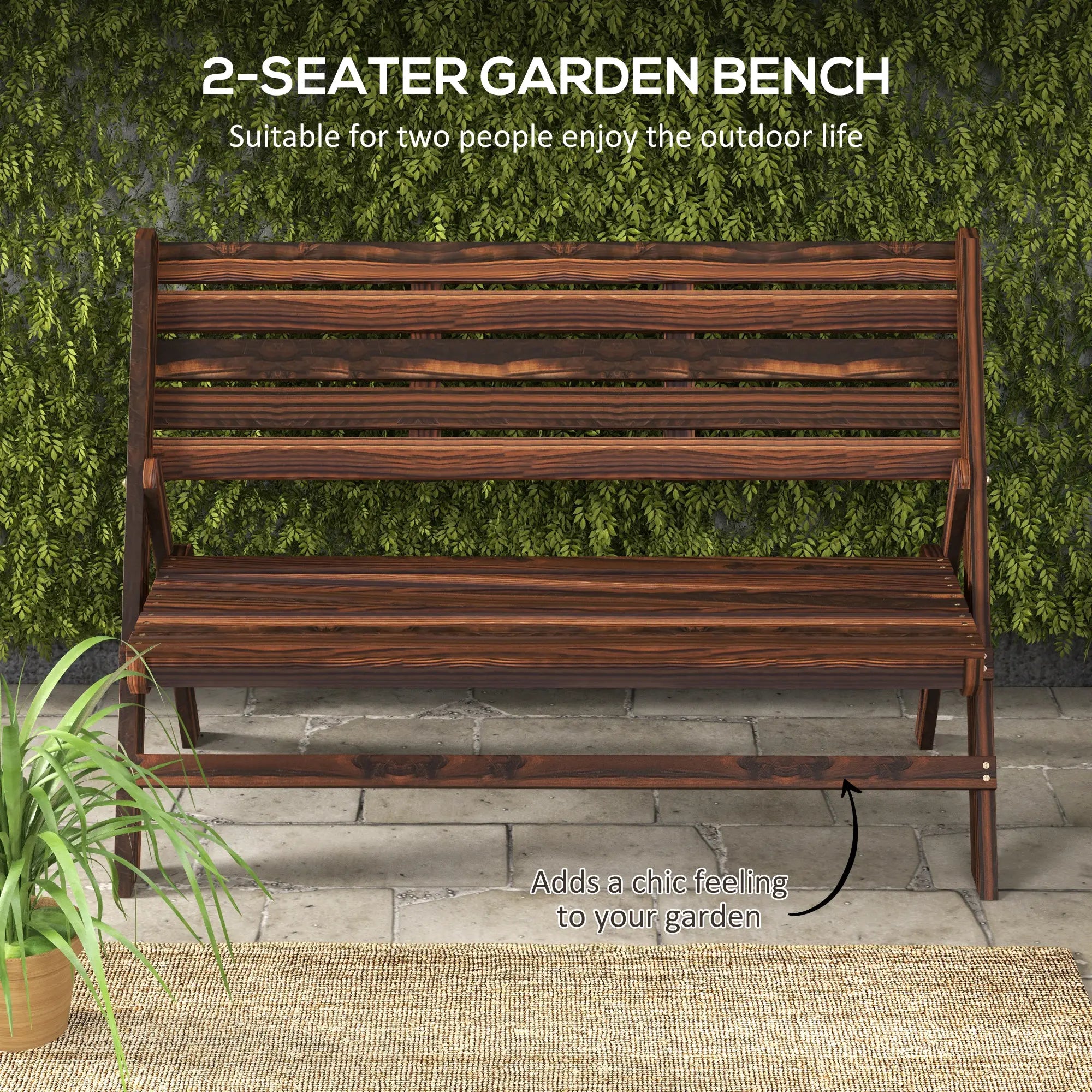 2-Seater Wooden Outdoor Bench, Foldable, Slatted Backrest, Carbonised Finish Outdoor Benches at Gallery Canada