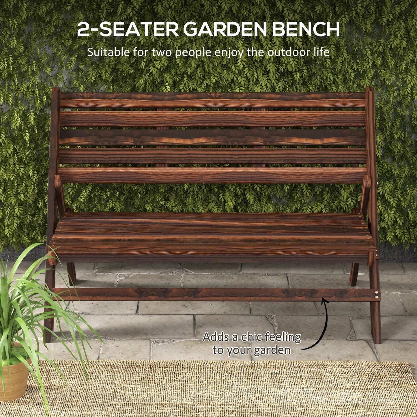 2-Seater Wooden Outdoor Bench, Foldable, Slatted Backrest, Carbonised Finish Outdoor Benches at Gallery Canada