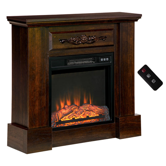 Electric Fireplace with Mantel, Freestanding Heater Corner Firebox with Log Hearth and Remote Control, 1400W, Brown - Gallery Canada