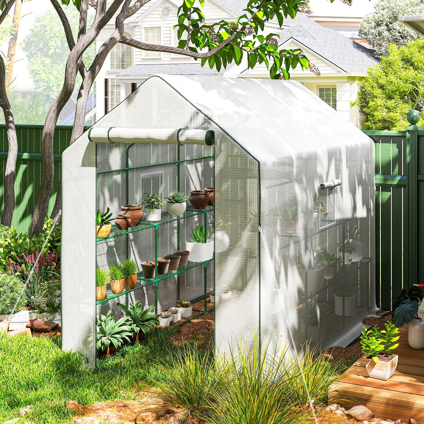 Walk-In Greenhouse, 3 Tier, Roll-Up Door, Mesh Windows, 140 x 213 x 190 cm, White Walk In Greenhouses at Gallery Canada