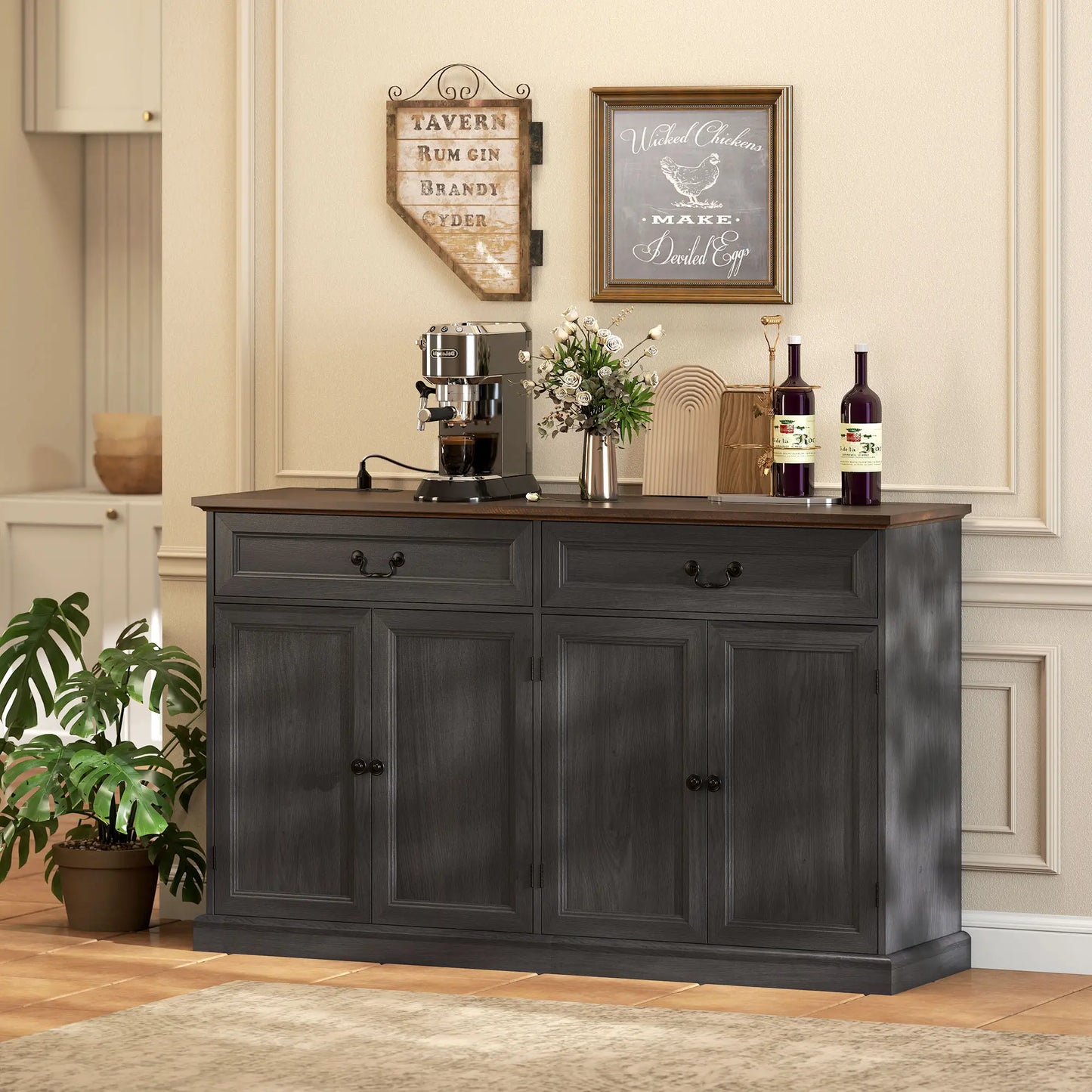 55" Buffet Cabinet, Black Wood Grain, Charging Station, 2 Drawers, Black