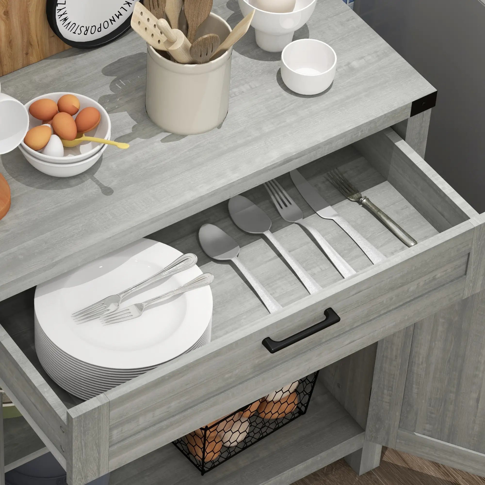 Farmhouse Kitchen Cabinet, Sideboard with 2 Barn Doors, Drawer, Grey Bar Cabinets at Gallery Canada