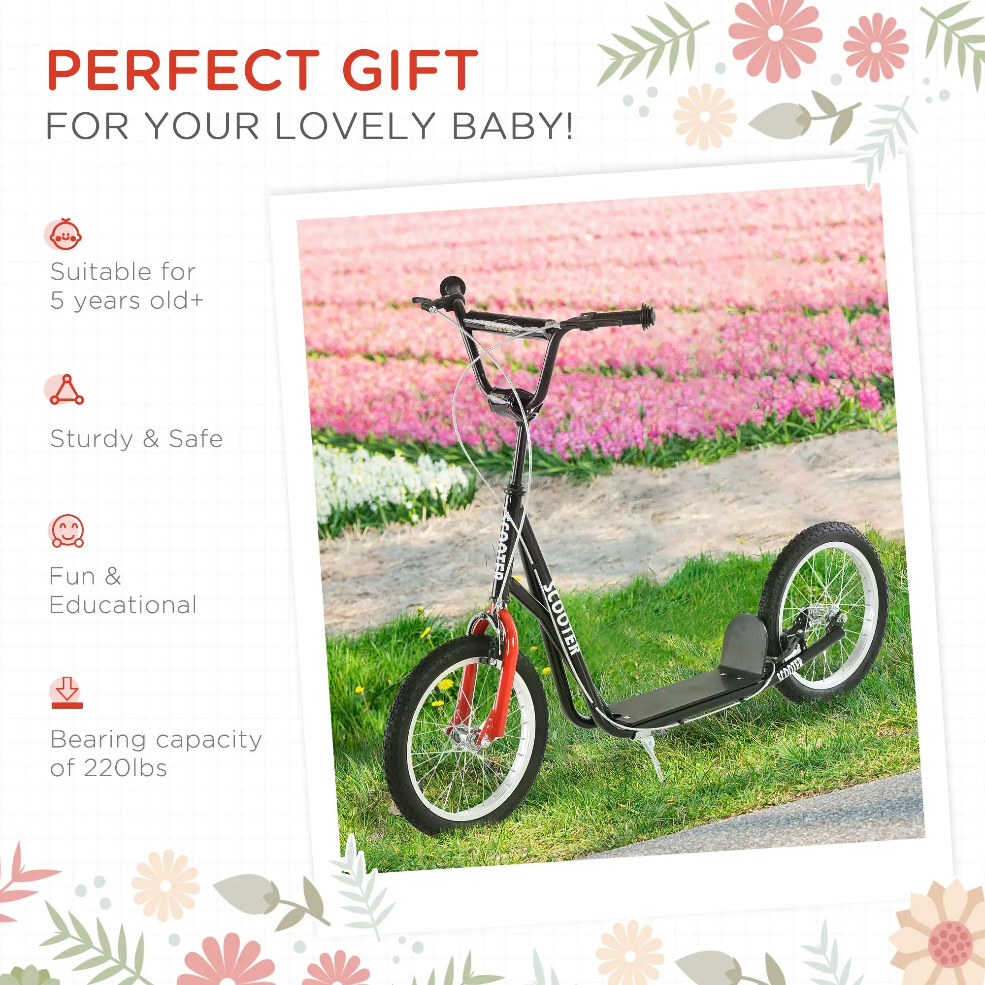 Kids Kick Scooter, 5+ Years, 16'' Inflatable Wheel, Dual Brakes, Black Scooters at Gallery Canada