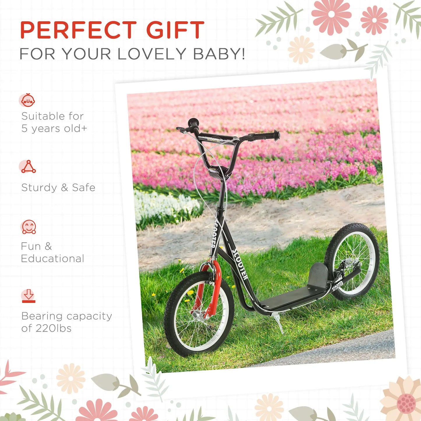 Kids Kick Scooter, 5+ Years, 16'' Inflatable Wheel, Dual Brakes, Black Scooters at Gallery Canada