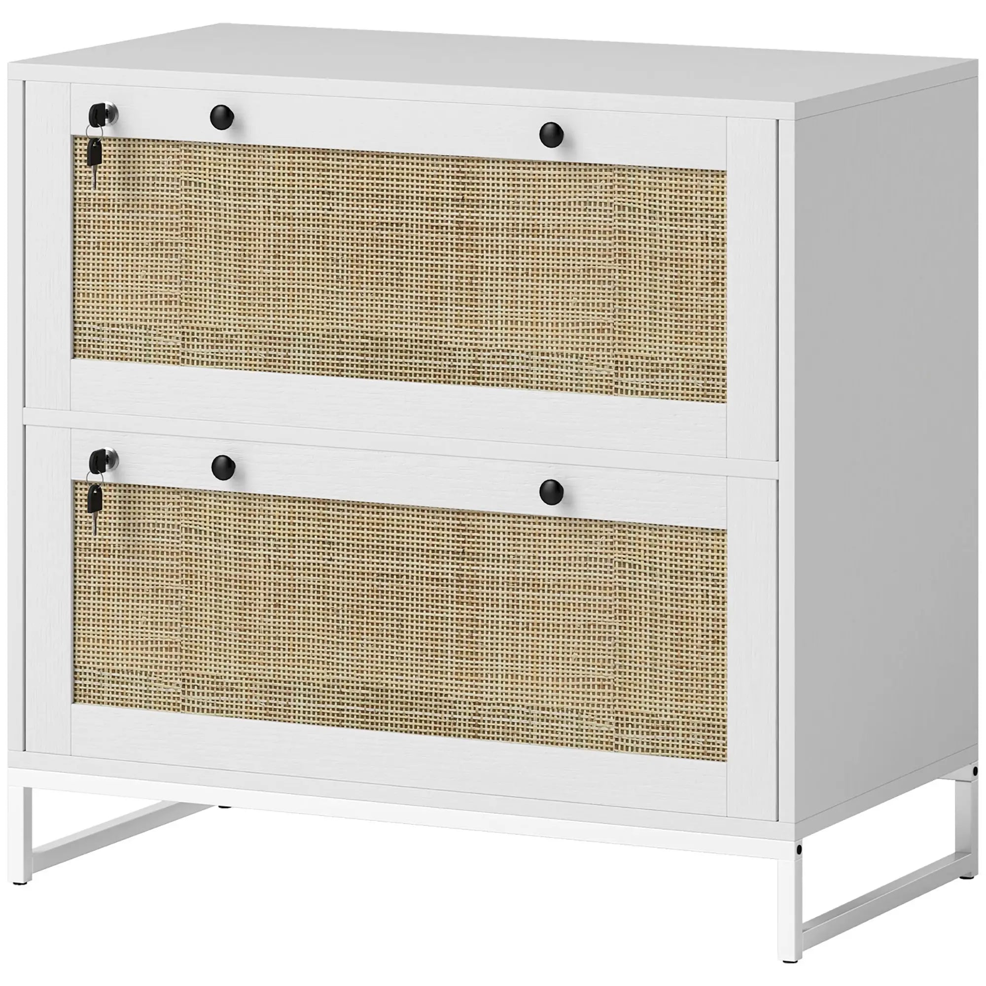 2-Drawer Filing Cabinet with Lock, Rattan, Adjustable Hanging Bar, White Office Cabinets & Cupboards White, Natural at Gallery Canada
