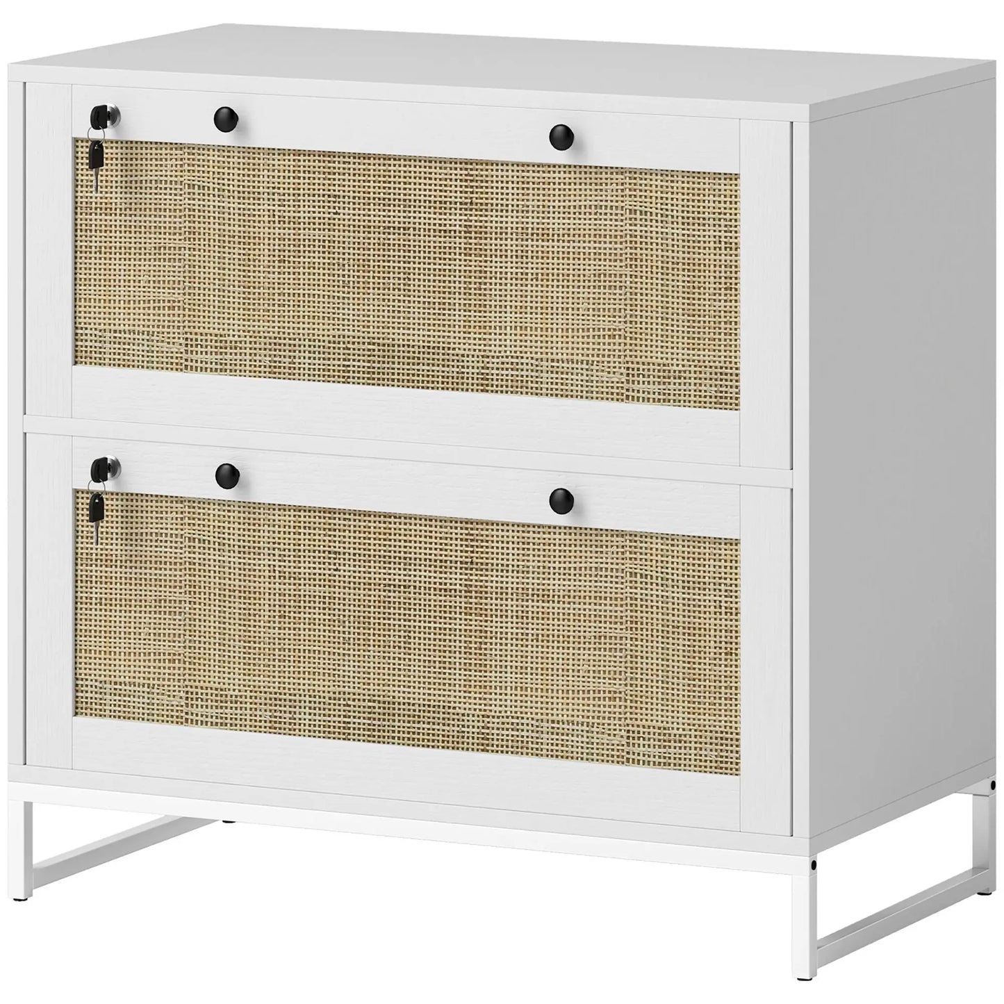 2-Drawer Filing Cabinet with Lock, Rattan, Adjustable Hanging Bar, White Office Cabinets & Cupboards White, Natural at Gallery Canada