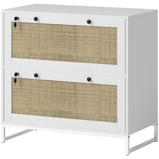 2-Drawer Filing Cabinet with Lock, Rattan, Adjustable Hanging Bar, White Office Cabinets & Cupboards White, Natural at Gallery Canada