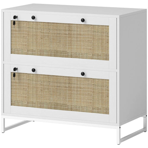 2-Drawer Filing Cabinet with Lock, Rattan, Adjustable Hanging Bar, White