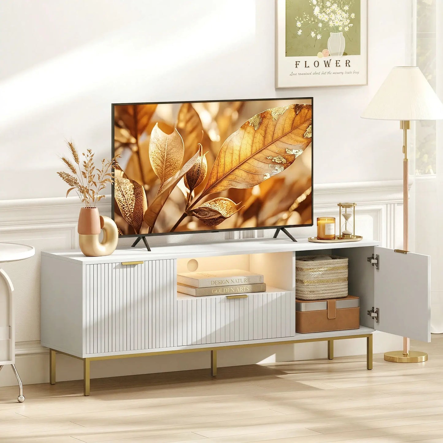TV Console For 50 Inch TVs, Smart RGB LED Lights, Soft Close Doors, White TV Stands at Gallery Canada
