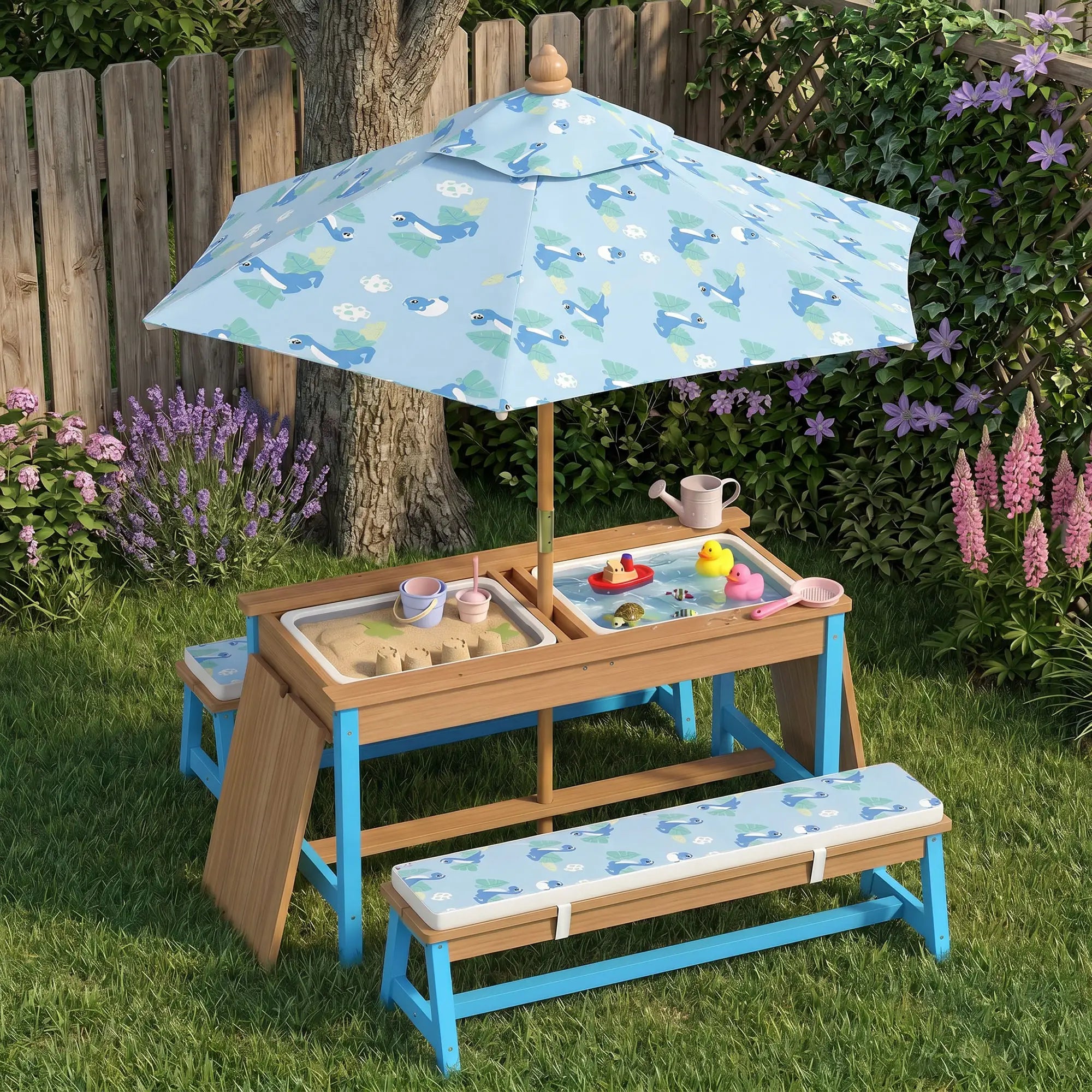 Kids Picnic Table Bench Set with Umbrella, Cushions, Boxes, Dinosaur Theme, Blue Kids Outdoor Furniture at Gallery Canada