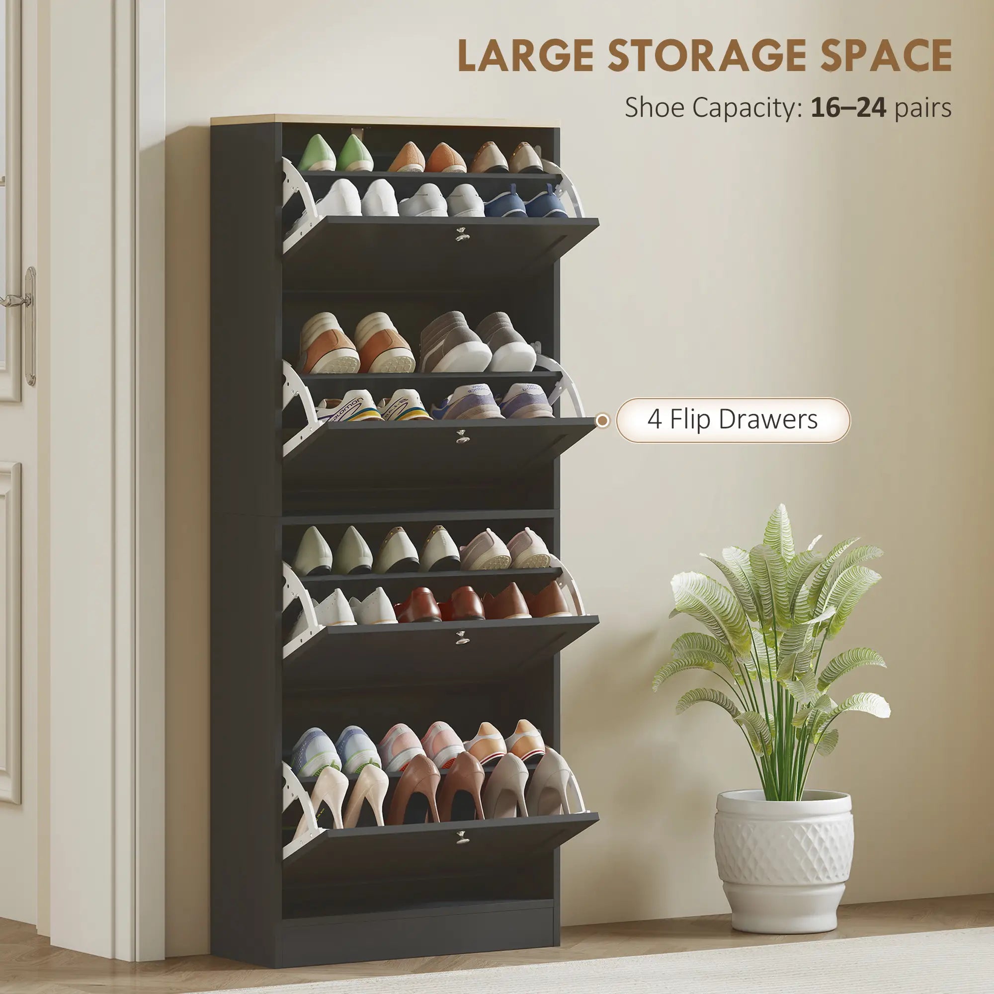 Shoe Storage Cabinet with 4 Flip Drawers, Adjustable Shelves, 18-24 Pairs, Black Shoe Storage Cabinets & Racks at Gallery Canada
