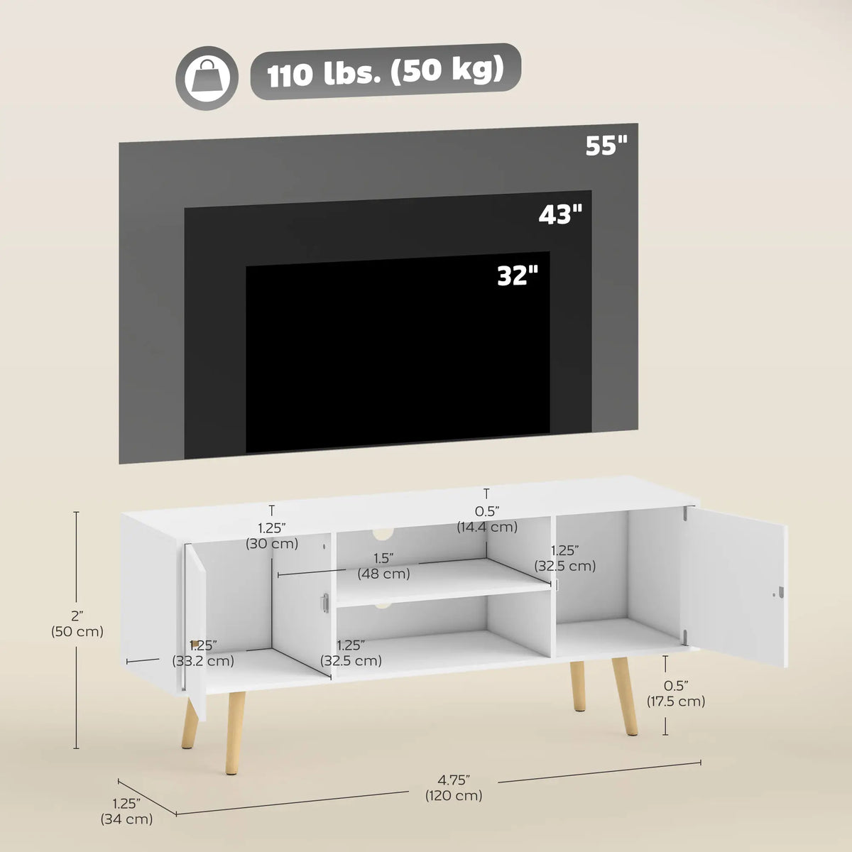 TV Stand For TVs Up To 55 Inches, With Storage, White TV Stands at Gallery Canada