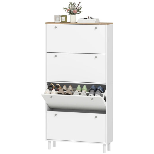 Narrow Shoe Cabinet, 4 Flip Drawers, Adjustable Shelves, Holds 24-32 Pairs, White Shoe Storage Cabinets & Racks White, Oak at Gallery Canada