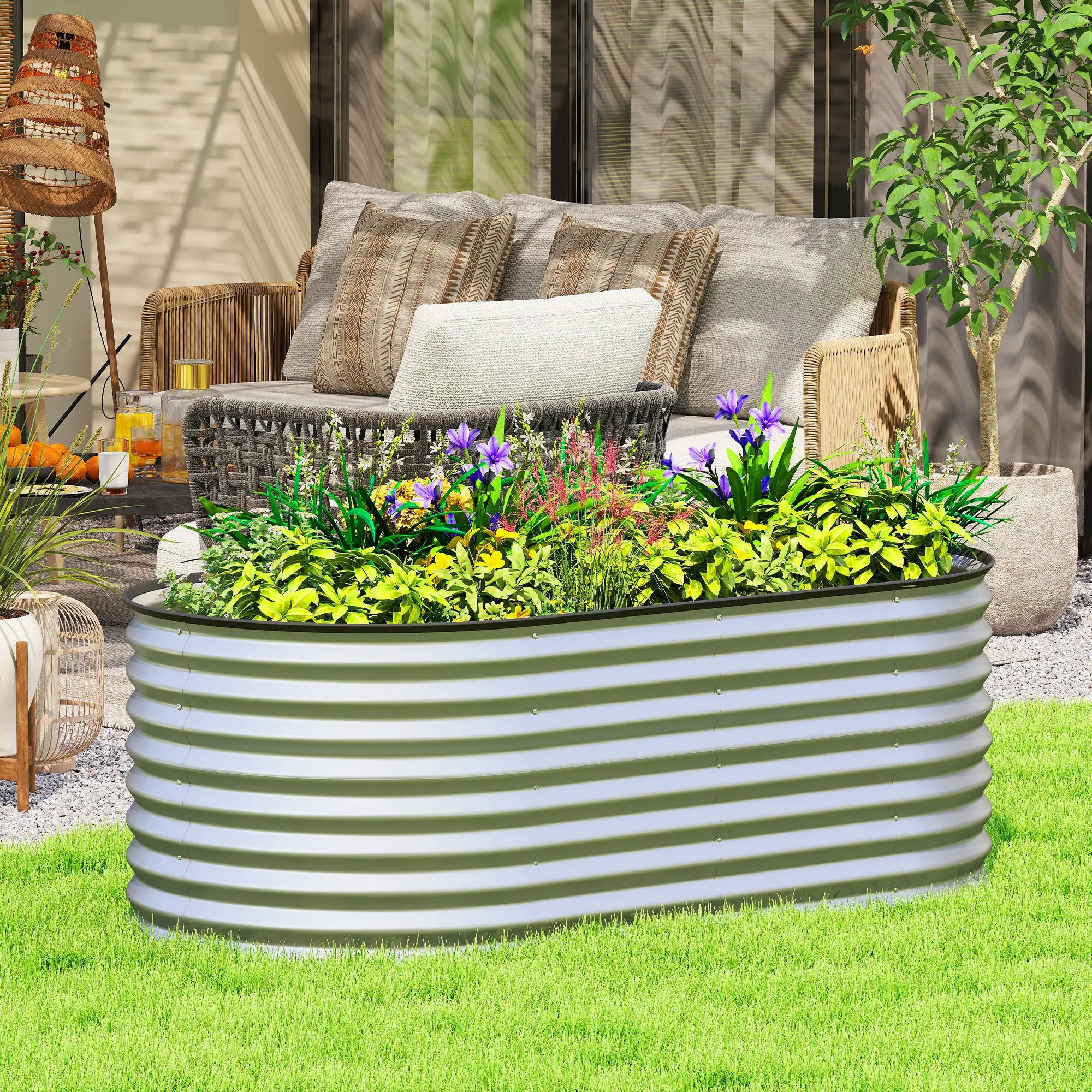 Galvanized Raised Garden Bed, 5 x 2.5 x 2 ft, Oval Planter Box, Silver Galvanized Planter Boxes at Gallery Canada