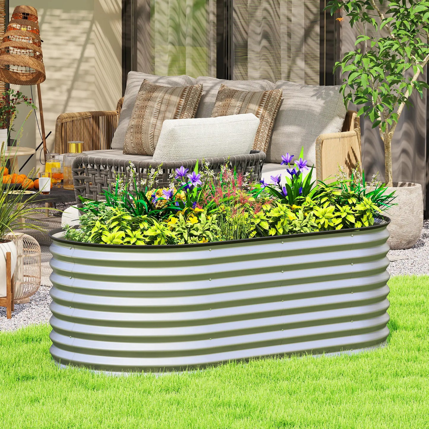 Galvanized Raised Garden Bed, 5 x 2.5 x 2 ft, Oval Planter Box, Silver Galvanized Planter Boxes at Gallery Canada