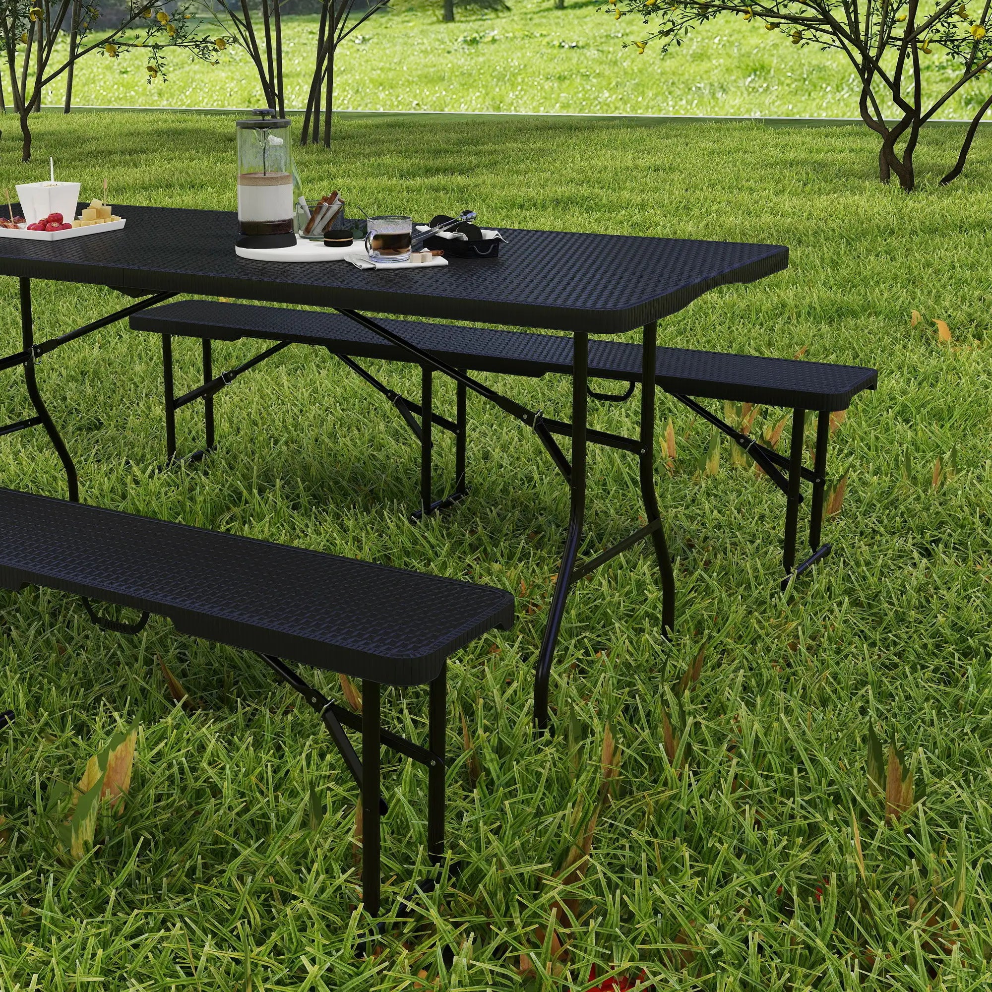 6FT 3PCS Faux Rattan Outdoor Table Bench Set, Folding Picnic Table with 2 Benches, Black Picnic Tables & Camping Chairs at Gallery Canada