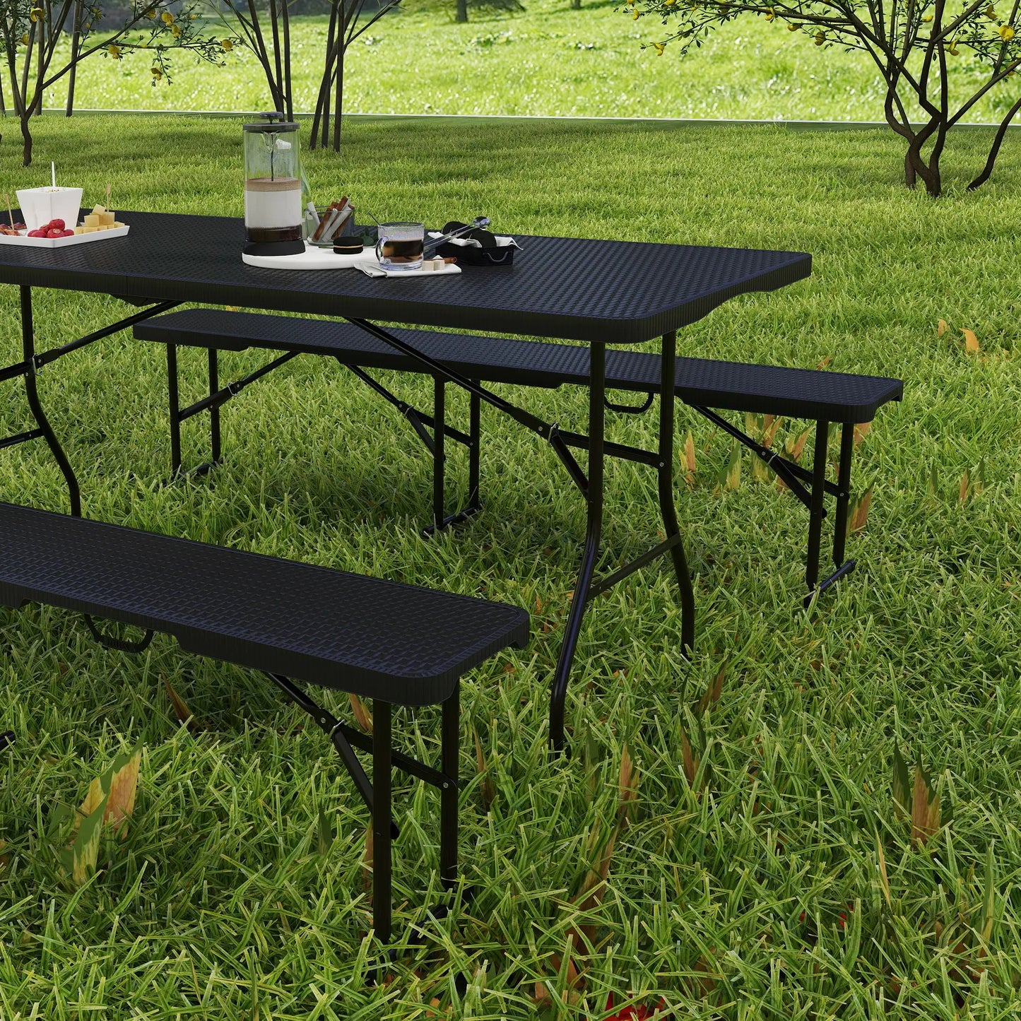 6FT 3PCS Faux Rattan Outdoor Table Bench Set, Folding Picnic Table with 2 Benches, Black Picnic Tables & Camping Chairs at Gallery Canada