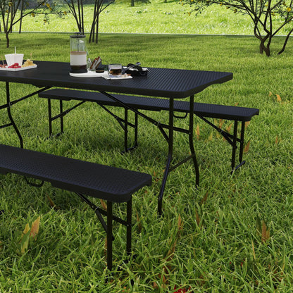 6FT 3PCS Faux Rattan Outdoor Table Bench Set, Folding Picnic Table with 2 Benches, Black Picnic Tables & Camping Chairs at Gallery Canada