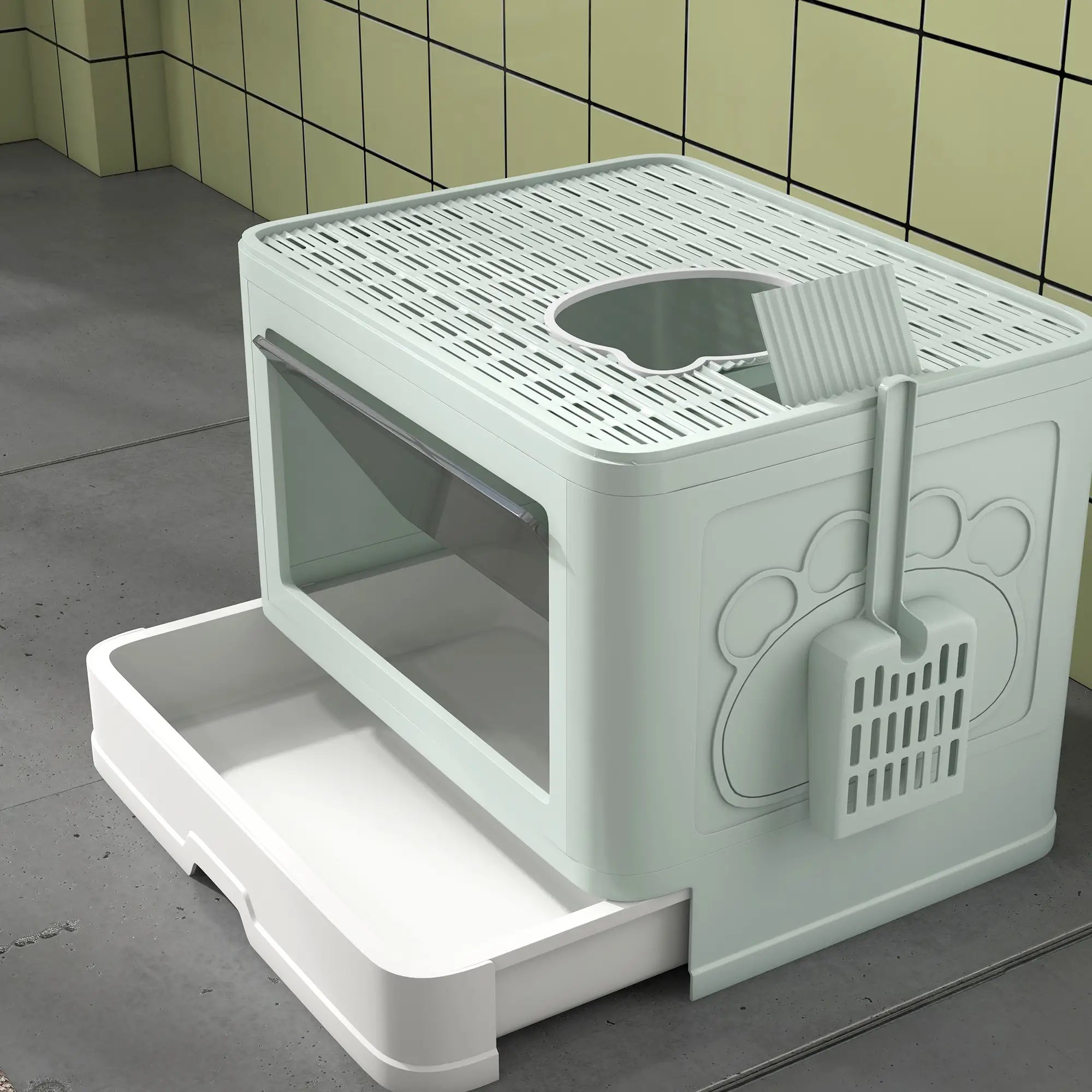 Cat Litter Box, Front Enter Top Exit, Pull Out Tray, Scoop, Green Cat Litter Box Enclosures at Gallery Canada