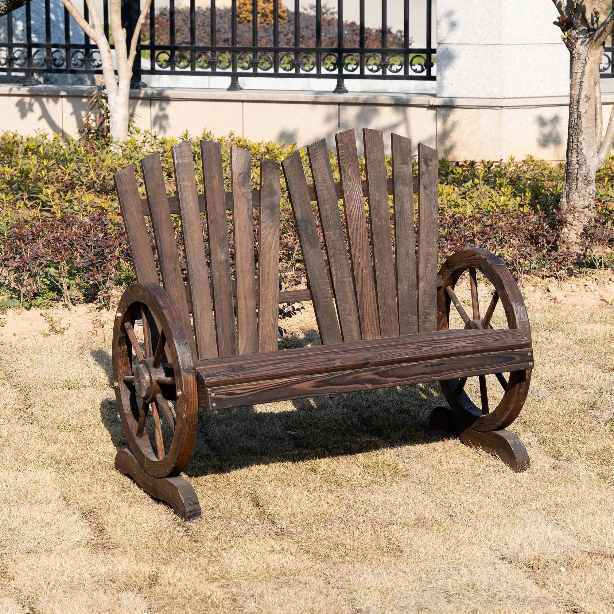 Outdoor Garden Bench, 2-Seat Wooden Patio Bench, Wheel-Shaped Armrests, Carbonized Outdoor Benches at Gallery Canada