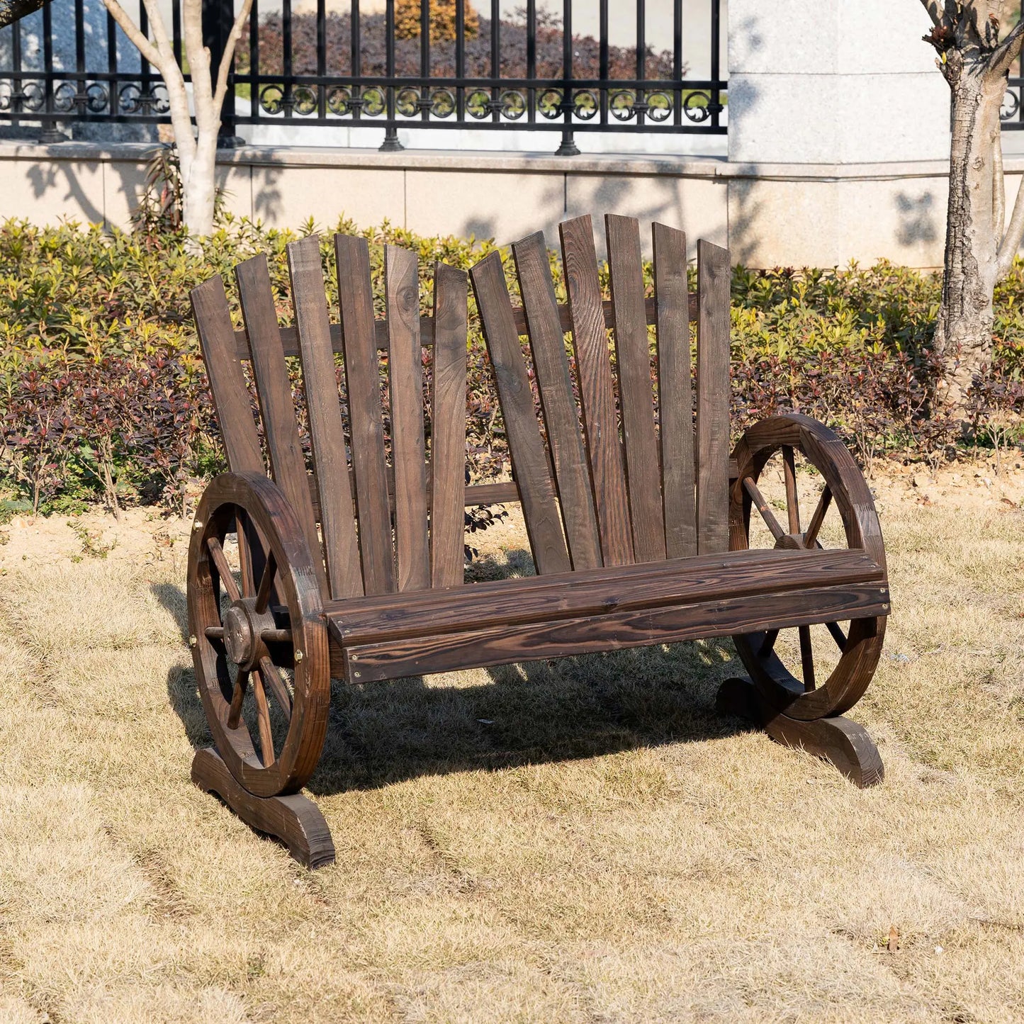 Outdoor Garden Bench, 2-Seat Wooden Patio Bench, Wheel-Shaped Armrests, Carbonized Outdoor Benches at Gallery Canada