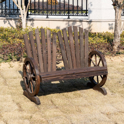 Outdoor Garden Bench, 2-Seat Wooden Patio Bench, Wheel-Shaped Armrests, Carbonized Outdoor Benches at Gallery Canada