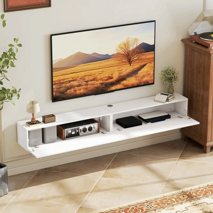 71 Inch Floating TV Stand, Wall Mount Media Console, 2 Fluted Doors, White TV Stands at Gallery Canada