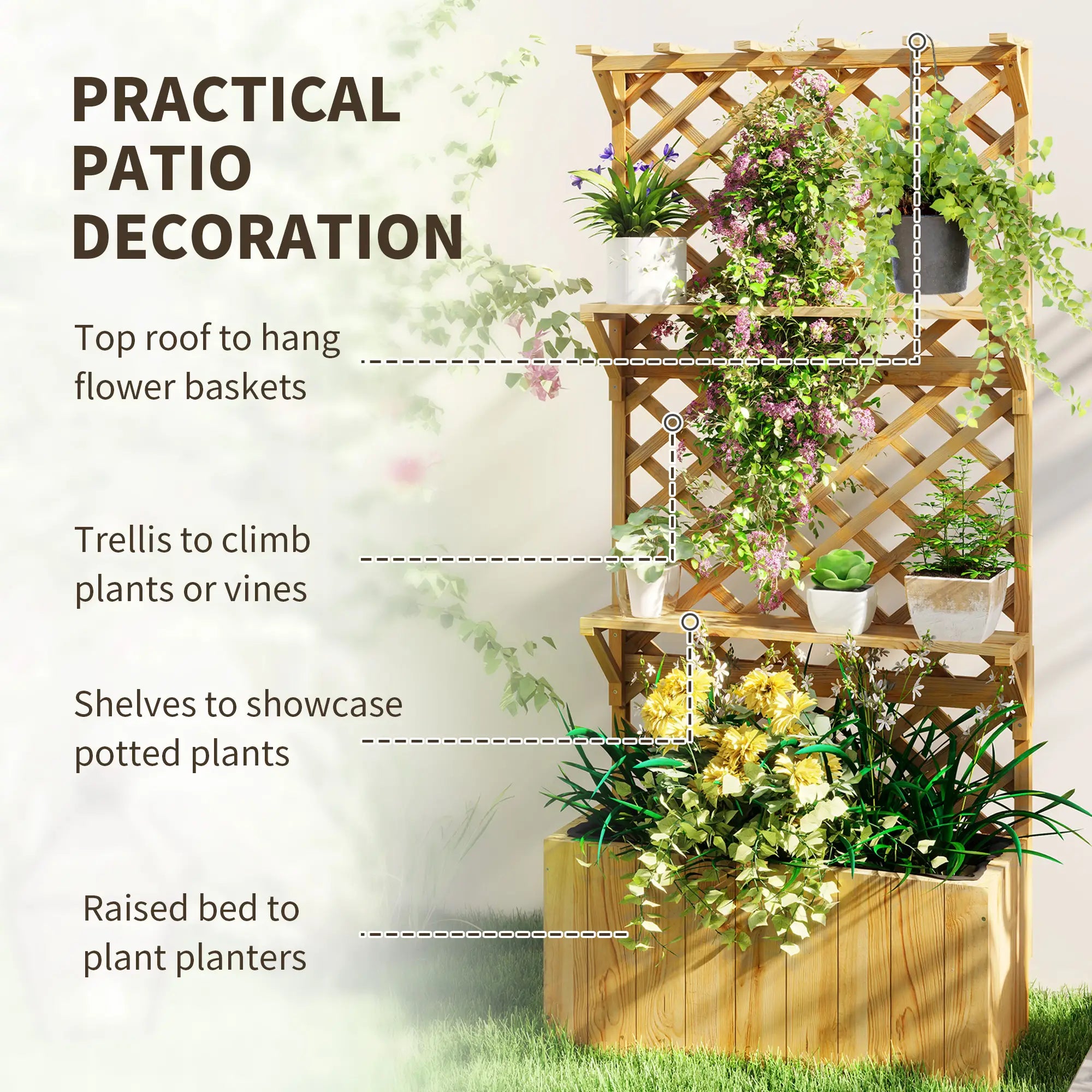 Wooden Raised Garden Bed With Trellis, Hanging Roof, Plant Shelf Wooden Planter Boxes at Gallery Canada
