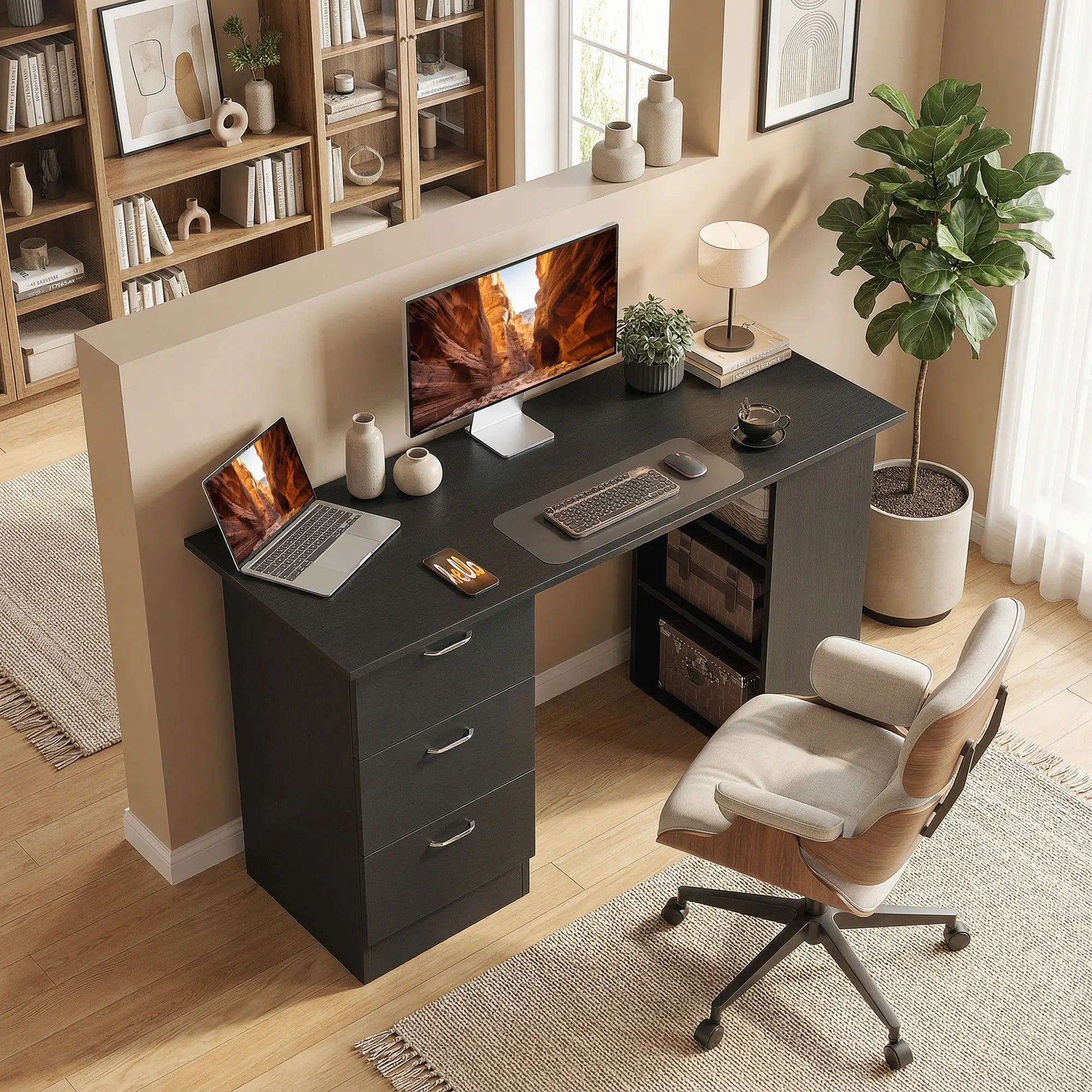 47 Inches Office Desk, 3-Tier Storage Shelves, Black Writing Desks at Gallery Canada