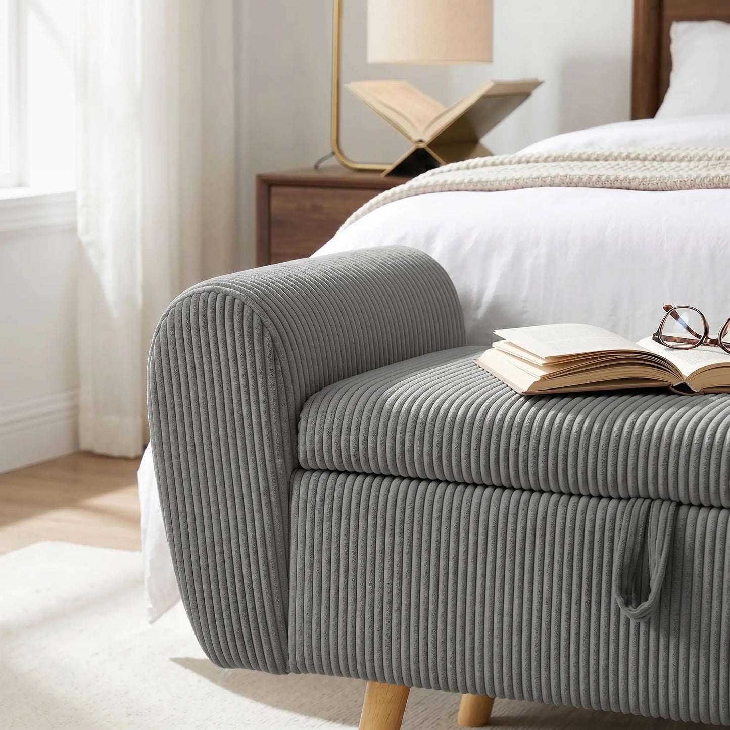 59" Corduroy Storage Ottoman Bench, Dark Grey