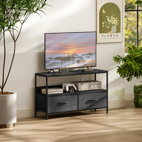 TV Stand with Charging Station, 2 Foldable Drawers, Open Shelf, 47 Inch, Black