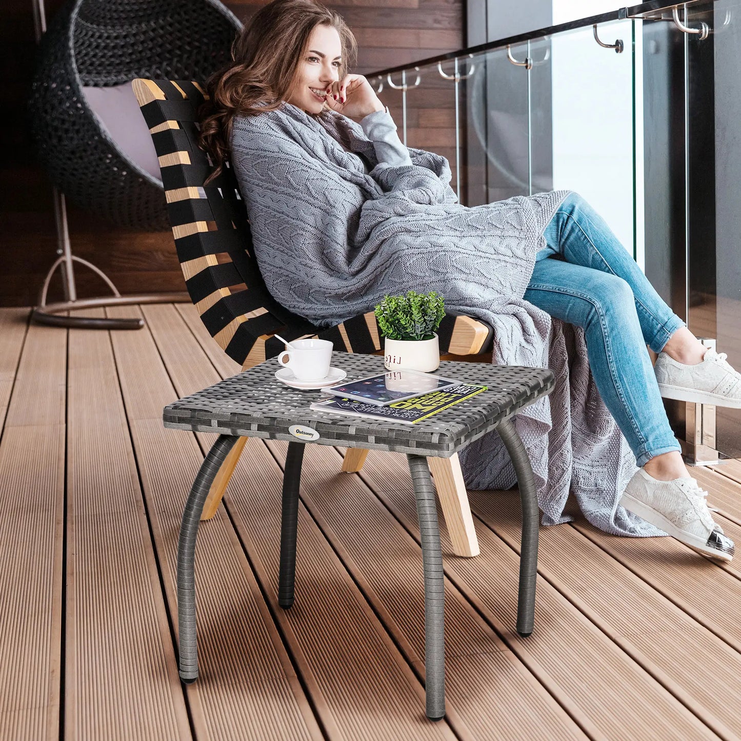 18" Rattan Coffee Table, Outdoor Side Table, Small Square, Grey Patio Side Tables at Gallery Canada