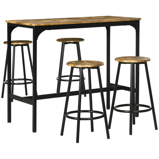 5-Piece Bar Table Set, Industrial Counter Height, Rustic Brown, Brown