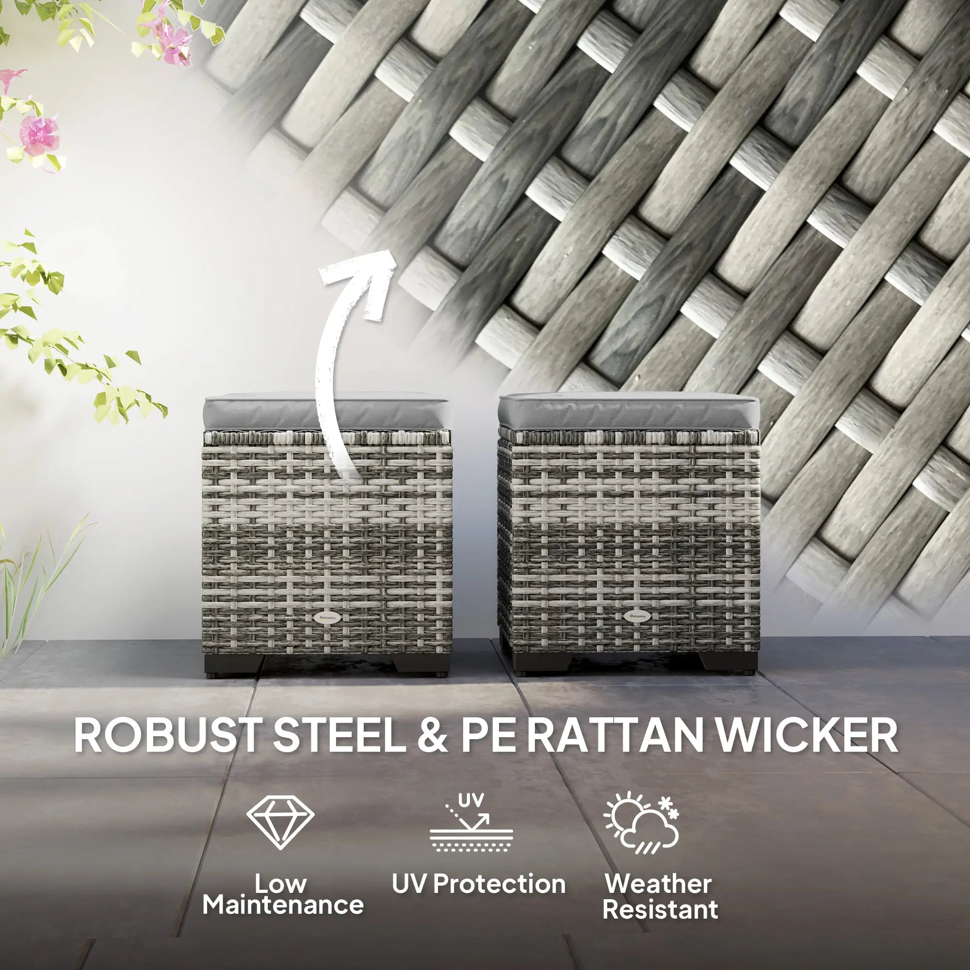 Set of 2 Wicker Ottoman, Outdoor Footstool with Storage &; Removable Cushions for Poolside, Patio, Deck, Grey Patio Furniture Sets at Gallery Canada