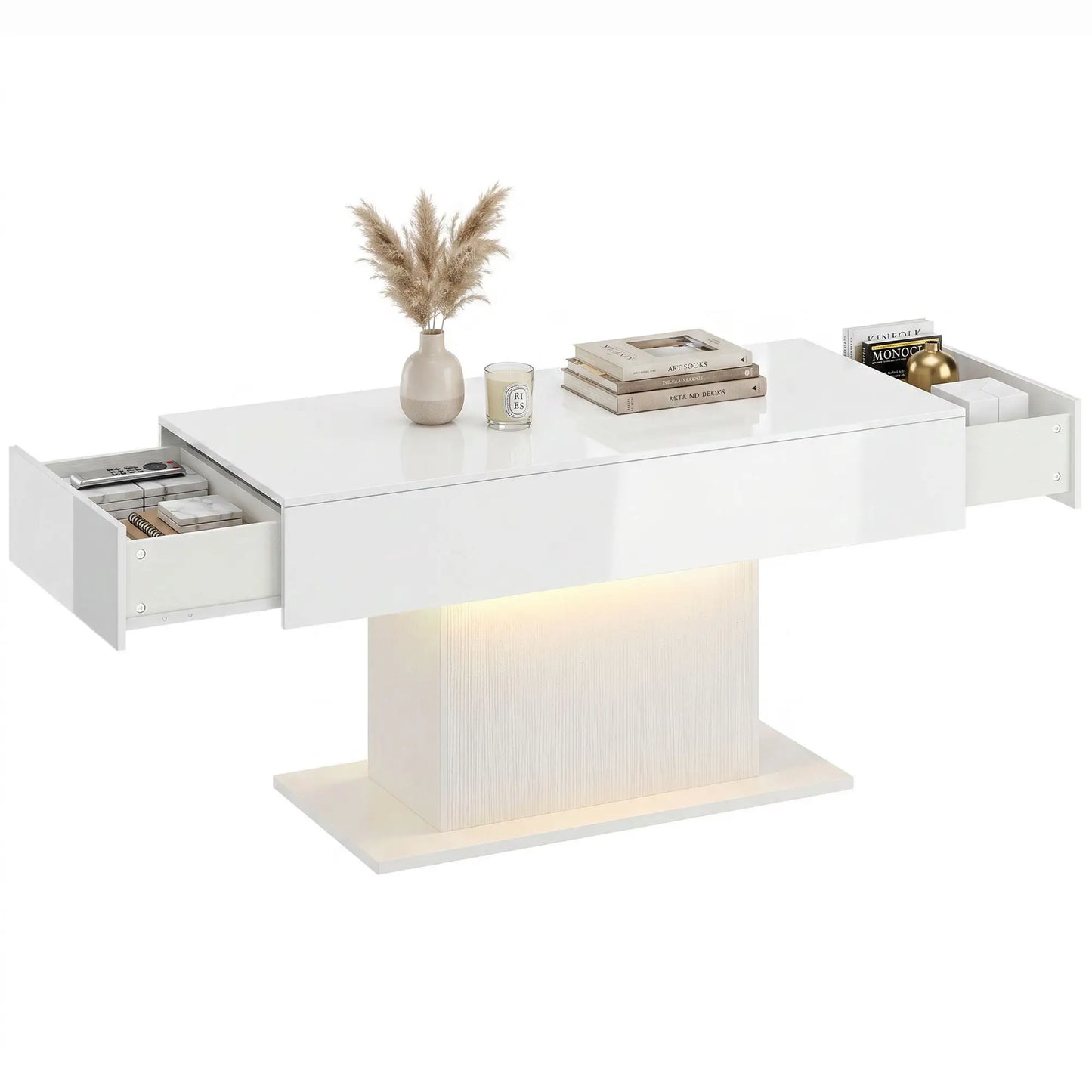 LED Coffee Table with Storage, High Gloss Modern Center Table with 2 Drawers and Remote Control for Living Room, White