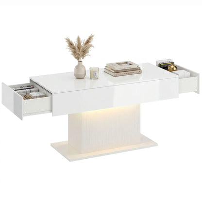 LED Coffee Table with Storage, High Gloss Modern Center Table with 2 Drawers and Remote Control for Living Room, White