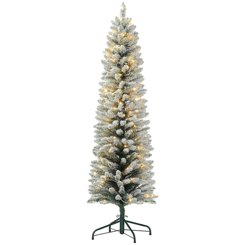6ft Prelit Snow Flocked Christmas Tree, Metal Base, Warm White LED