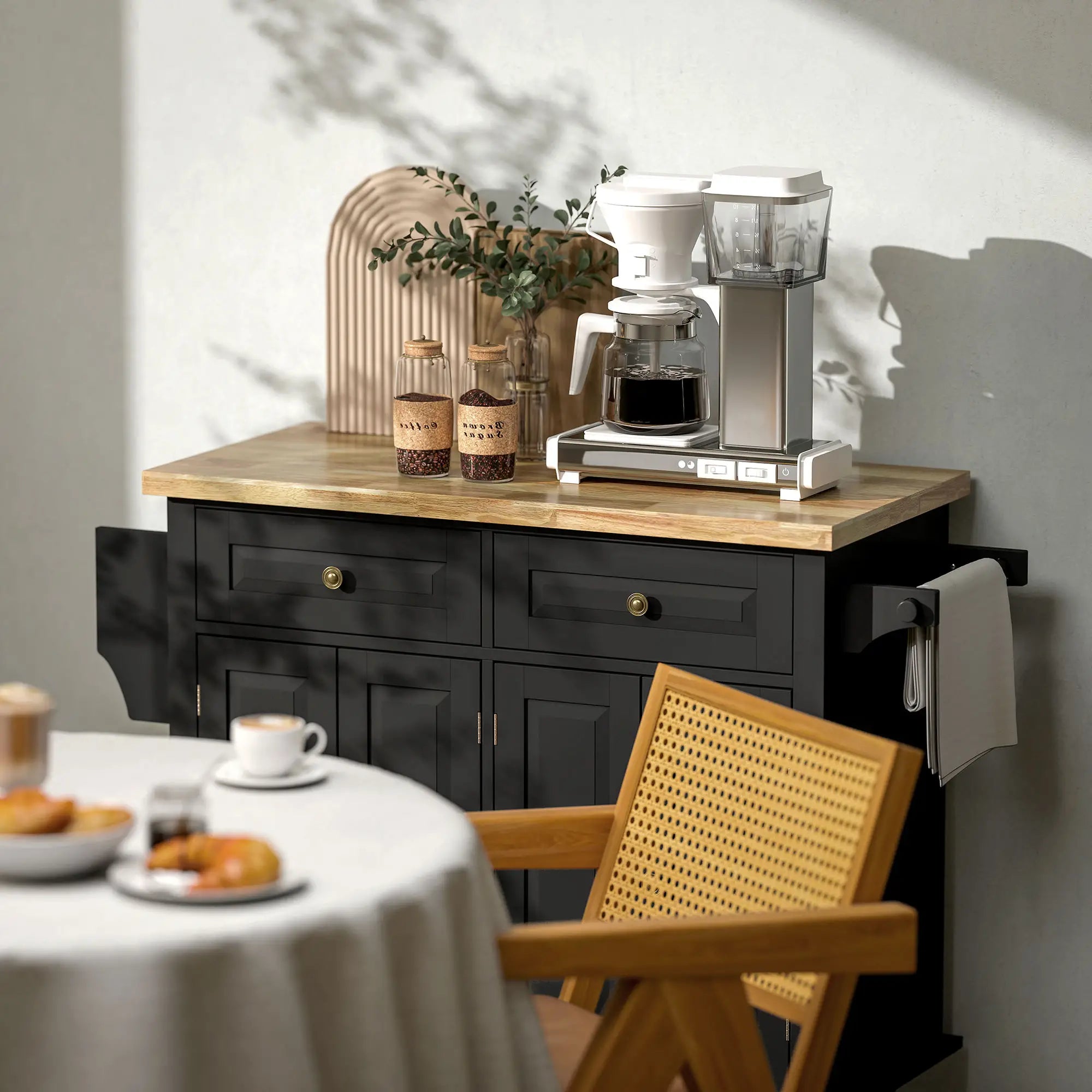 Kitchen Island with Storage, Rolling Trolley Cart with Rubber Wood Top, Spice Rack, Towel Rack, Black Kitchen Islands & Kitchen Carts at Gallery Canada