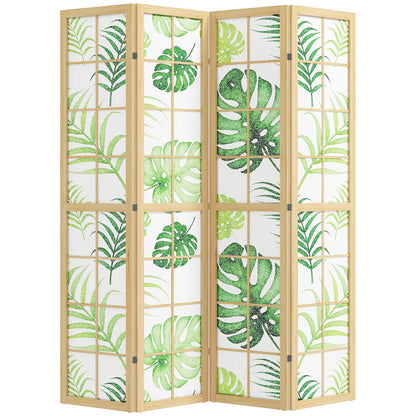 4 Panel Folding Privacy Screen, 67" Palm Leaf Design, Natural Green, Green