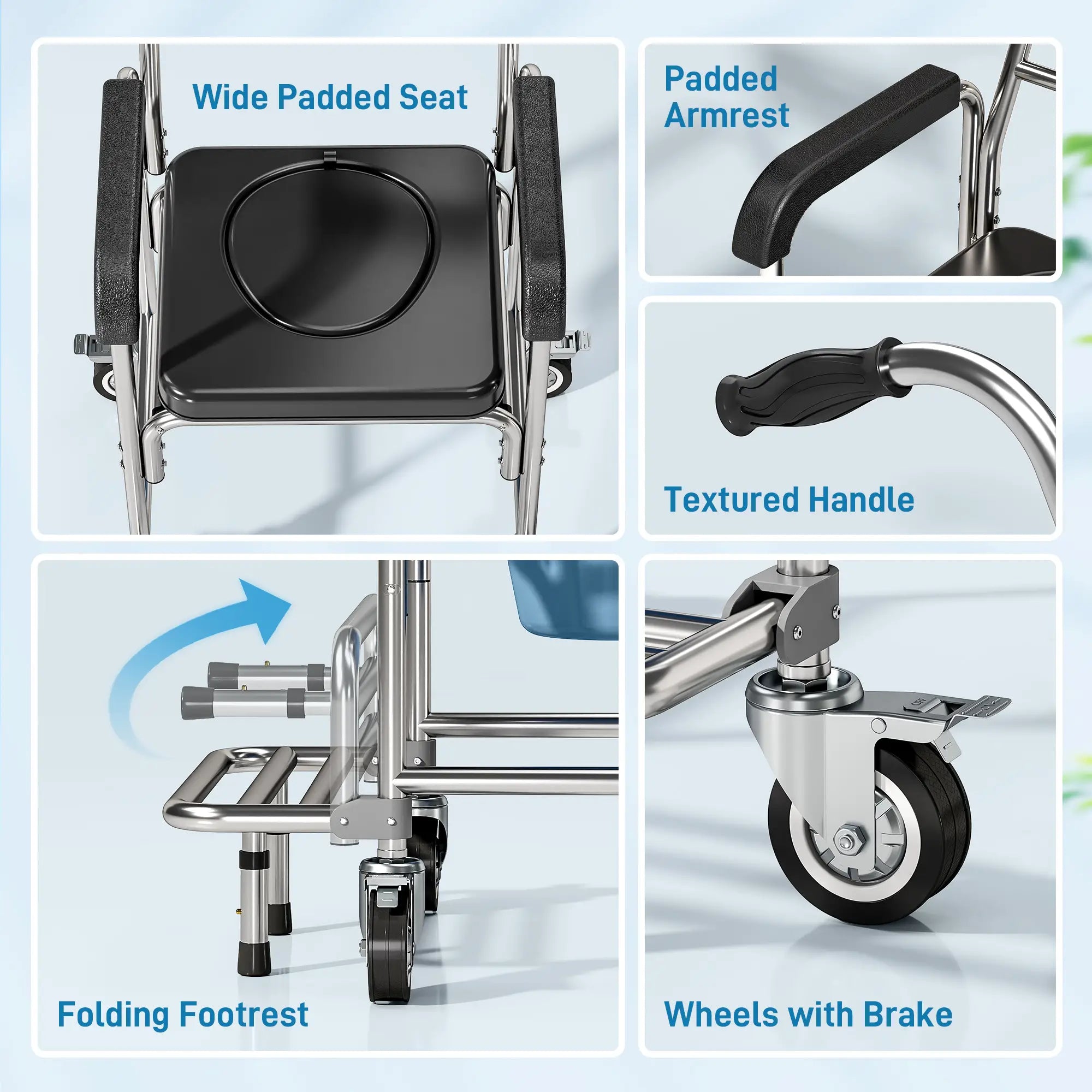 3-in-1 Shower Commode Wheelchair, Transport Chair with Padded Seat Bath Chairs at Gallery Canada