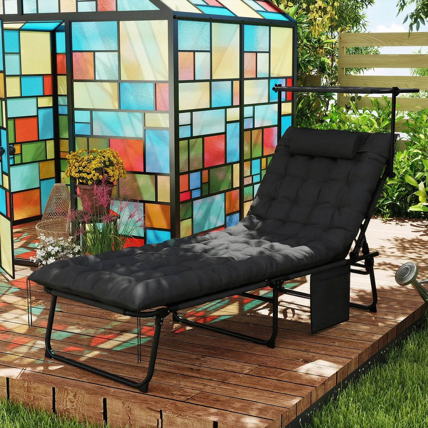 Folding Lounge Chair With Adjustable Canopy, 4-Position Tanning Chair, Black Lounger Chairs at Gallery Canada