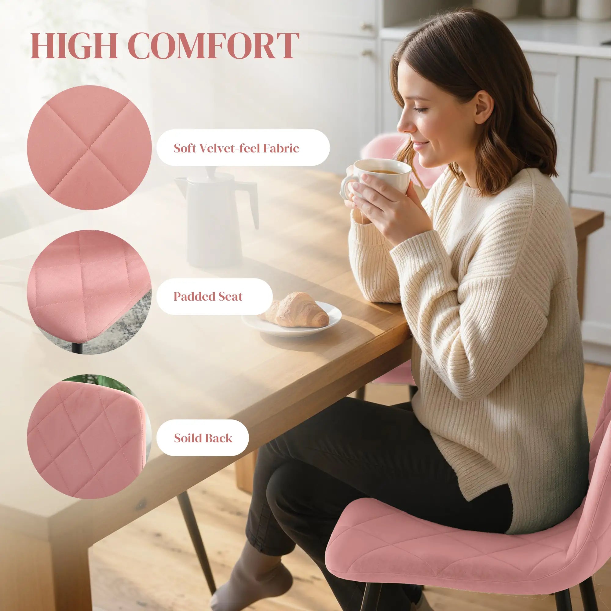 Upholstered Dining Chairs Set of 4, Steel Legs, Modern Kitchen, Pink Dining Chairs at Gallery Canada