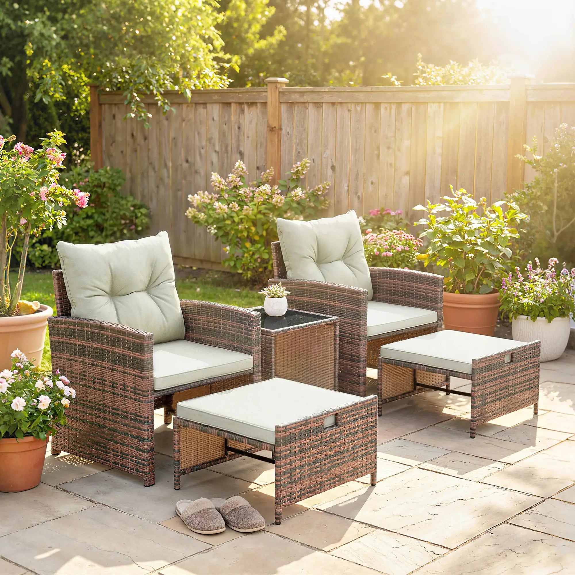 5 Piece Patio Set, Wicker Chairs With Ottomans, Glass Coffee Table, Brown Cream Patio Furniture Sets at Gallery Canada
