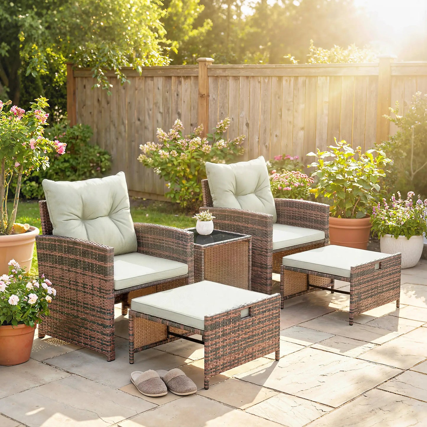 5 Piece Patio Set, Wicker Chairs With Ottomans, Glass Coffee Table, Brown Cream Patio Furniture Sets at Gallery Canada