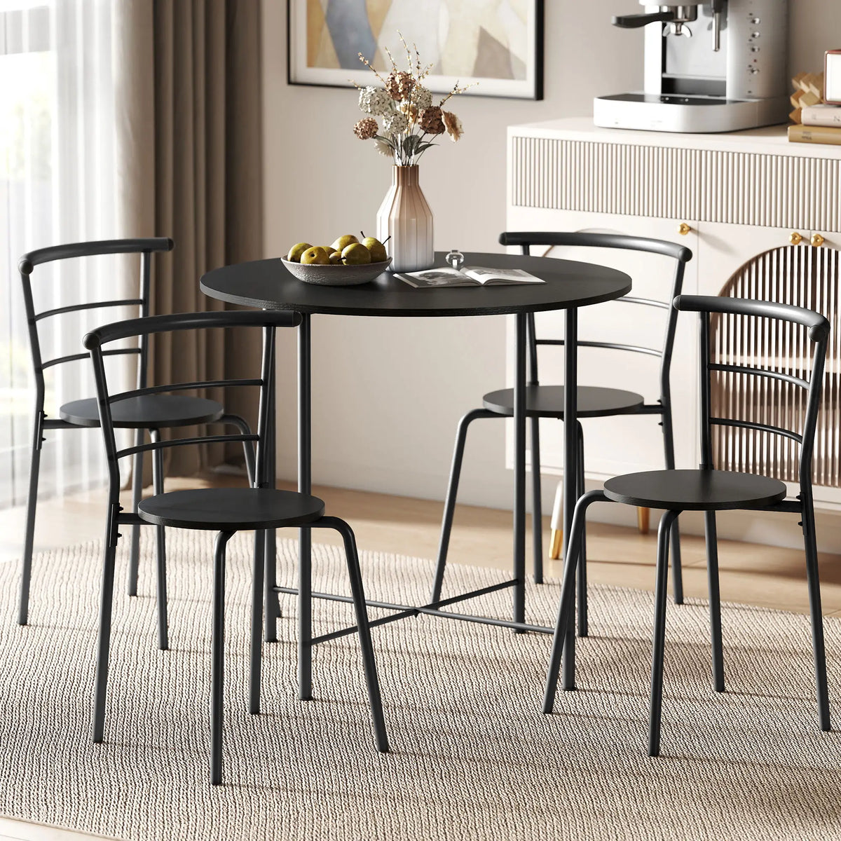 5 Piece Dining Table Set, Round for 4, Metal Frame, Black Wood Grain, Black Dining Table Sets at Gallery Canada