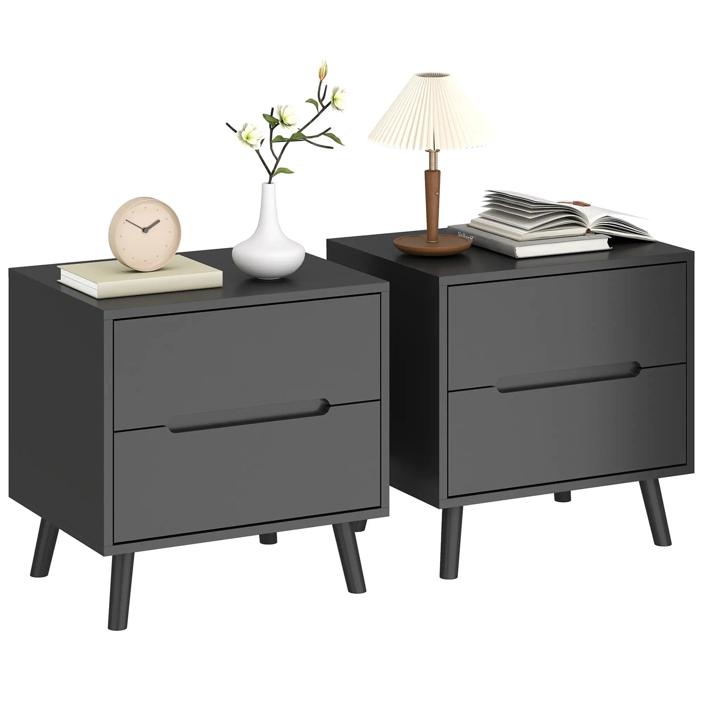 Modern Nightstands Set Of 2, 2 Drawers, Solid Wood Legs, Black Bedside Tables at Gallery Canada